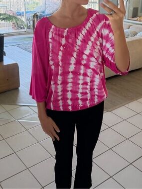 Womens Pink Tie-Dye Boatneck Top